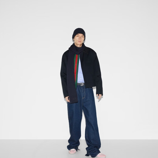 GUCCI brand logo knitted wool scarf gift dark blue one size