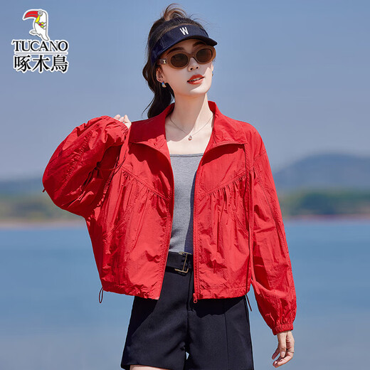 啄木鸟时尚外套女2025夏季新款宽松抽褶系带立领户外运动风休闲防晒上衣 蓝色 XL