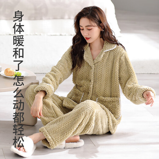 
New step (XINYIBU) Coral velvet pajamas for women in autumn and winter plus velvet thickened warm island velvet flannel home clothing set S3886 light pink-flannel M
