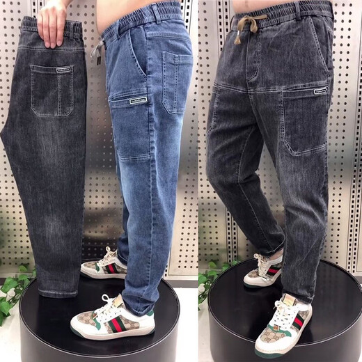 牛仔裤男春秋季休闲系绳青少年韩版潮流宽松直筒多口袋老爹九分裤 黑灰色-牛仔-A55 XL (115-130斤)