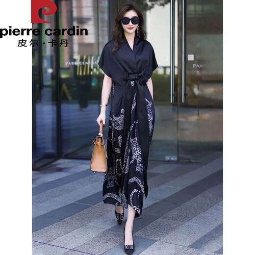 Piercadan Chiffon Kleid für Frauen im Sommer Neue europäische Marke Heavy Satin Lose Lose großer Kurzärärmelchiffon-Rock lang schwarz 2xl [Empfohlen 151-170jin [Jin gleich 0,5 kg]]