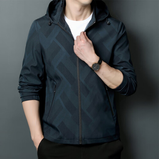
J Jinba Daddy's Spring and Autumn Thin Jacket Middle-aged Men's Stand Collar Spring Casual Loose Hooded Outer k12127 Black M 170