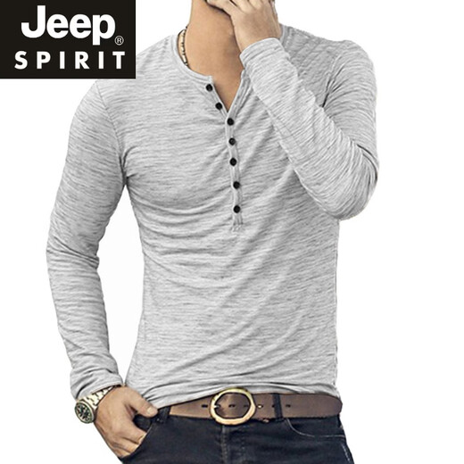 Jeep Spirit Spring- und Herbst-Herren-Mode-Knopf-Ling Langarm T-Shirt European und American Casual Henry Kragen Basishemd Top Herren Mode neue Khaki Referenz Details Größe S (empfohlene Höhe 165cm-170 cm)
