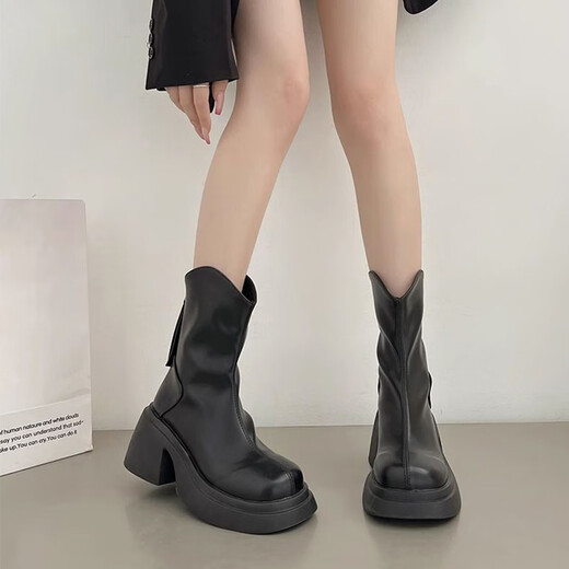Dans les bottes à talons épais miroises et épaisses pour les petites bottes Martin de printemps pour femmes nouvelles bottes simples bottes Chelsea Boots fines françaises noir 38
