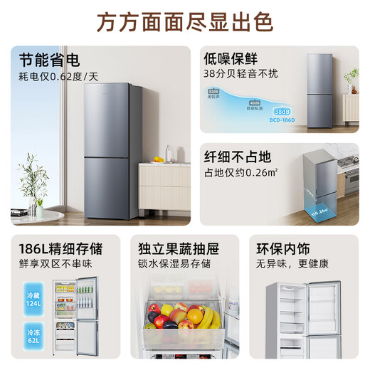 SKYWORTH 186 liter small refrigerator small refrigerator home rental double door two-door refrigerator energy-saving power-saving bass two-door dual temperature BCD-186D silver