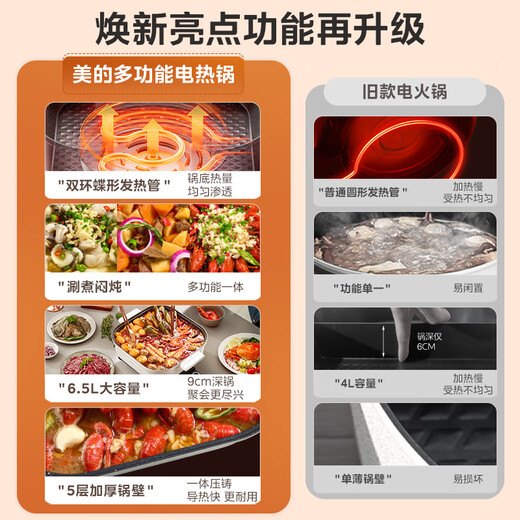 Midea electric hot pot, electric cooking pot, hot pot special pot, household multi-function pot, cooking barbecue electric pot, 6.5L multi-purpose pot HGE3030J04