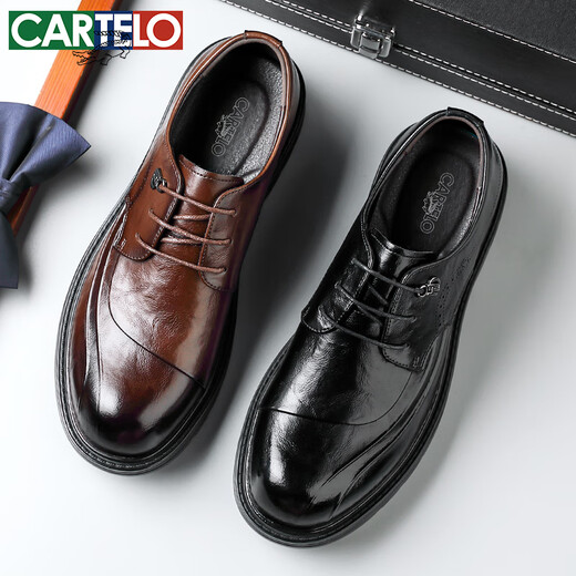 卡帝乐鳄鱼（CARTELO）英伦男士皮鞋厚底增高商务休闲鞋圆头软牛皮鞋男9923黑色增高39