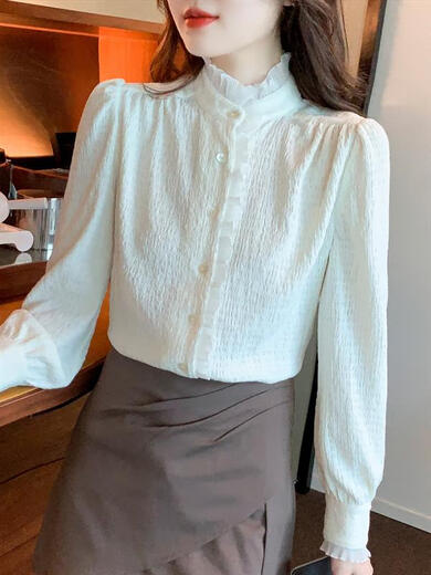 GIOIO standing collar and velvet shirt for women 2025 autumn and winter long-sleeved bottoming shirt with temperament court style chiffon top off white regular L