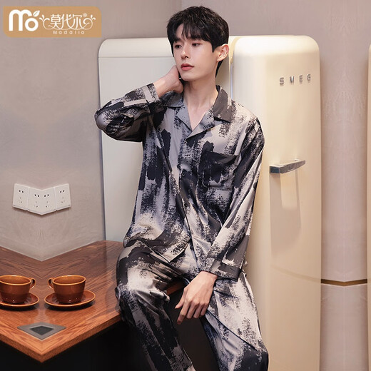 Modal Herren Pyjamas Frühlings- und Herbst-Eis Silk Langarmhose Anzug Herren Sommer 2025 Neue Heimkleidung 6621 Diamantförmige Männerstil 2xl