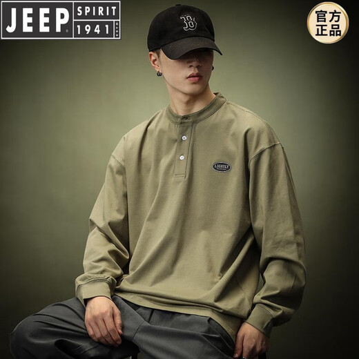 JEEP SPIRIT extra large size 300Jin Jin is equal to 0.5kg Henry collar long-sleeved T-shirt men's spring and autumn American loose layered polo. shirt sweatshirt ins trendy brand black 4XL recommended 250-300Jin Jin is equal to 0.5kg