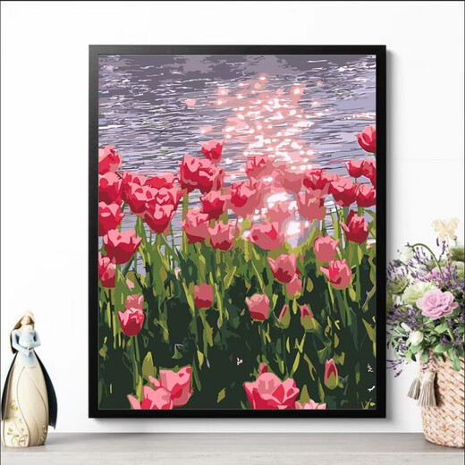 CLCEY数字油画diy花卉风景动漫手绘填充手工diy丙烯油彩画装饰画 H1049郁金香 30*40黑白实木薄画板+颜料笔