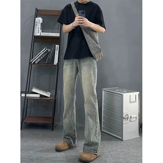 
7 best products, micro-flare jeans for men, spring and summer American retro high street slim loose straight trousers for men, TYFS-Y9131 retro blue XL