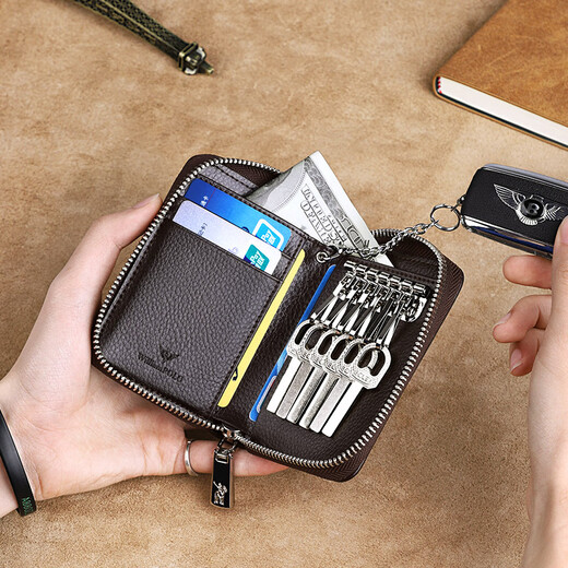 WILLIAMPOLO PAUL PAUL Echtes Leder -Schlüsselbeutel für Männer und Frauen Multifunktionaler Taillenbeutel Cowide Wallet Reißverschluss Auto Schlüsselkette Kaffeefarbe