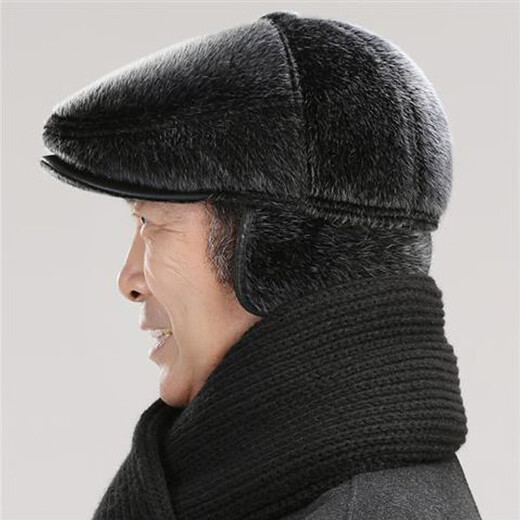 Dofinison elderly hat men's forward hat ear protection warm peaked cap winter windproof gift for dad and grandpa plus velvet old hat old man's forward hat black