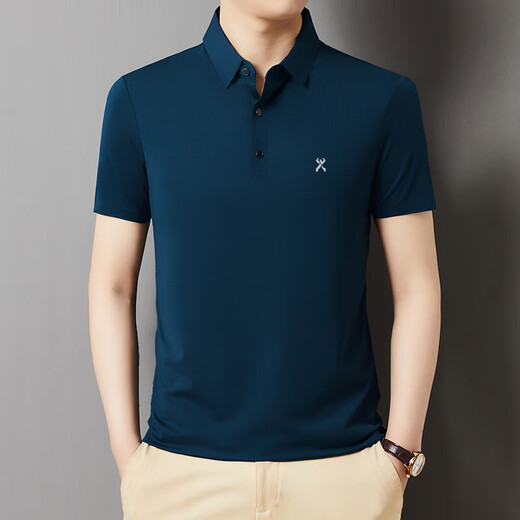 K-Boxing Men's Short Sleeve T-Shirt Mulberry Silk Summer Thin Business Casual Fashion Lapel Men's Polo Shirt Gray Blue 699 2XL 185/100A