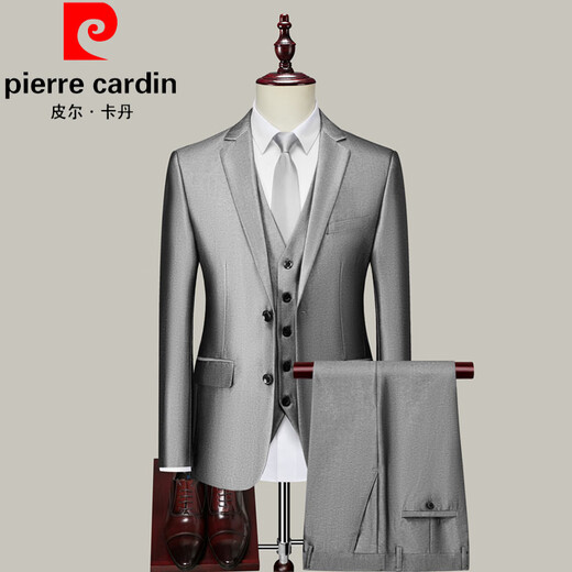 Pierre Cardin Silver Gray Glossy Suit Men's Korean Style Slim Three Piece Groomsmen Grooms Wedding Dress Business Formal Two Button Silver Gray Suit+Trousers S 165