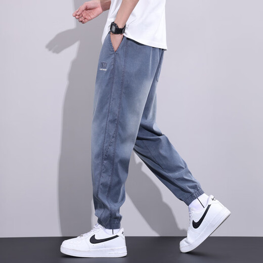 啄木鸟牛仔裤男士2025新款夏季薄款宽松束脚潮流夏天九分冰丝哈伦裤工装 牛仔蓝 XL 建议125-150斤