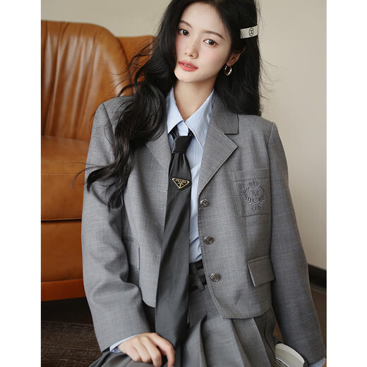 Plum Ripe St. Martin's Temperament Gray Suit Suit Women's British College Style Casual Jacket Half Skirt Gray Plaid (Short Suit) S