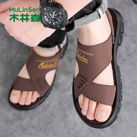 木林森（MULINSEN）凉鞋男款2025夏季户外休闲沙滩鞋男外穿两用爸爸二层牛皮凉拖鞋 M826棕色凉鞋 42 皮鞋码数