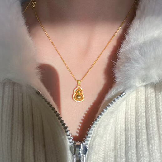 Junbu gold necklace 18K women's ancient gold Chopin chain 3D hard gold double-sided Fulu turning point diamond gourd pendant 2024 hot style gourd + Chopin chain