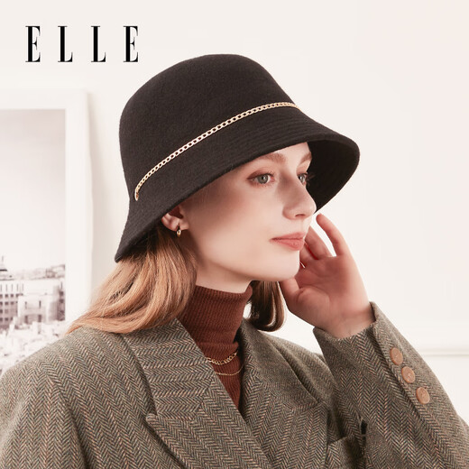ELLE wool pot hat women's autumn and winter fashion versatile elegant chain decorative set hat fisherman hat top hat black one size