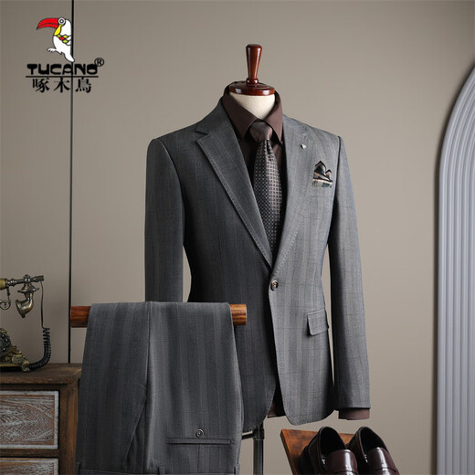 Woodpecker (TUCANO) Plaid Suit Men's Business Casual Banquet Wedding Dress Professional Formal Suit Men's Suit Host Gray Plaid (suit + trousers) XL 52 (125-138 Jin Jin equals 0.5 kg)