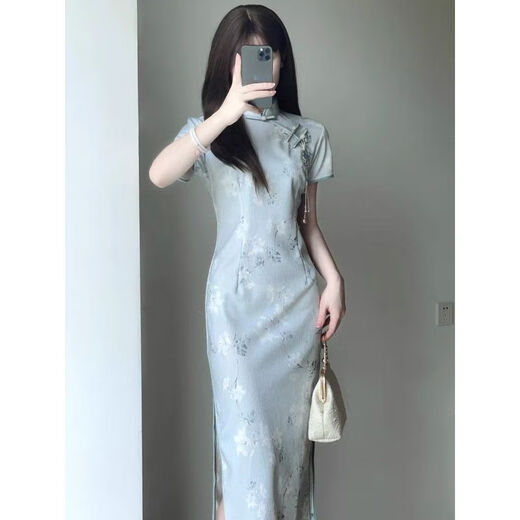 Reserved style new Chinese retro Republican style cheongsam 2025 summer new young girl slim dress for women long 719 flower branches [excluding accessories] M Recommended 85-100 Jin [Jin equals 0.5 kg]
