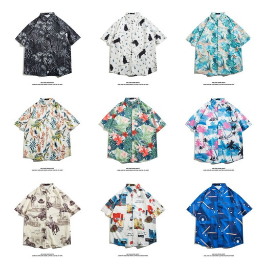 Leeryetom Hong Kong Style Ins kurzärmeliges Blumenhemd für Männer und Frauen Sommer japanisches Freizeit-Strandhemd Trendy Loose Hawaiian Jacket 5155 Weiß M 80-100jin [Jin entspricht 0,5 kg]