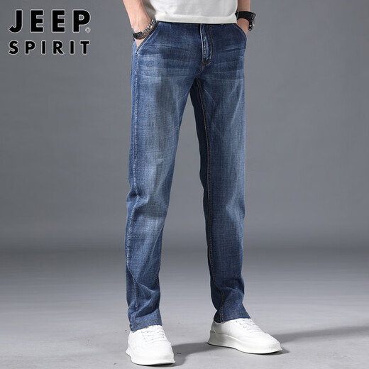 JEEP SPIRIT吉普牛仔裤男宽松春夏季男士直筒裤微弹休闲裤 磨白蓝色 34