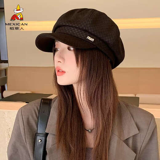 Scarecrow Beret Hat Women's 2024 Autumn and Winter New Korean Version Ins Versatile Octagonal Hat Showing Face Small Japanese Retro Newsboy Hat Black One Size