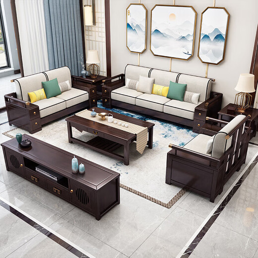 Salon de canapé en bois massif zihua Nouveau coin chinois Conccubine Fabbine combinaison meuble d'appartement de luxe léger haut de gamme 9902 siège à quatre personnes consécutives + tiroir table basse [cadre] couvercle de lin en coton