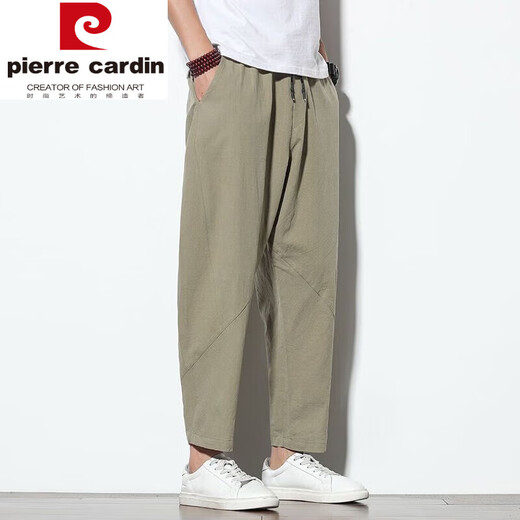 皮尔卡丹（pierre cardin）纯色休闲长裤男春夏四季新款棉麻哈伦裤大码宽松灯笼裤小脚萝卜裤 卡其色 H15 4XL