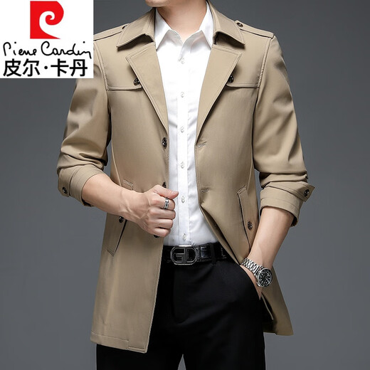 Pierre Cardin Autumn Windbreaker Men's Mid-Length Trendy Spring and Autumn New Slim Business Casual British Style Jacket Men's Tops Khaki L 175