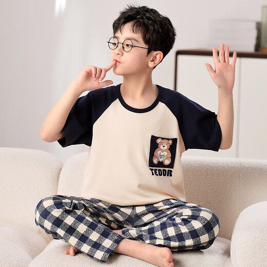 Mannido pajamas boys summer new short-sleeved trousers boys big children spring and autumn teenagers pure cotton children air-conditioned home clothing N9901 [short length] 165 L size recommended 160-165cm