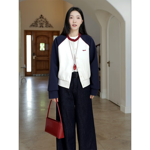 Guo Jiujiu Retro Contrast Broidered Ragdoll Sleeve Cotton Veste en laine Jacket Scimitar Jeans G924T17152 SUITE (manteau + jeans) M Single Taille