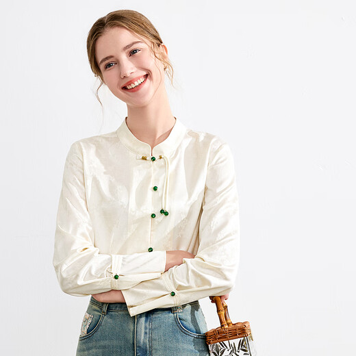 Betu Women's Autumn New Oriental Simple Luxury Style Chinese Disc Button Dark Pattern Jacquard Shirt Women 2408T45 Apricot L