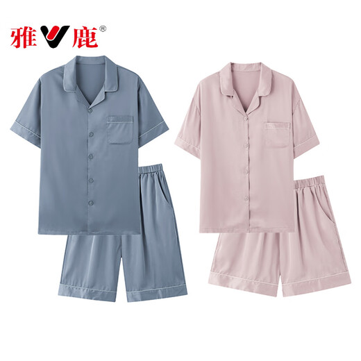 雅鹿情侣睡衣夏季冰丝薄款男士短袖宽松缎面女家居服套装 NS16802女16602男 M 女