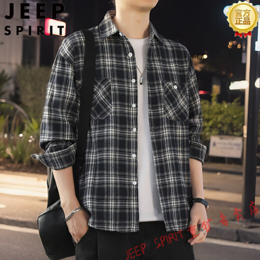 
JEEP SPIRIT American retro plaid long-sleeved shirt for men and women spring and autumn 2025 new loose Korean work shirt jacket trend K12108 white XL