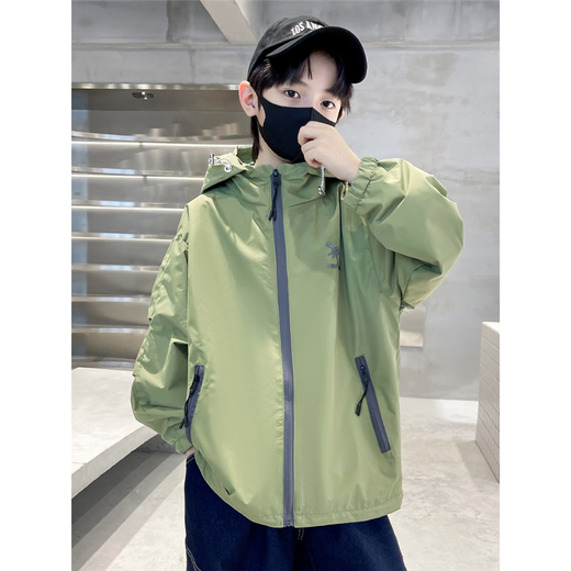 Boys Autumn Korean Jacket Big Children Spring Autumn Solid Color Boys Hooded Sports Handsome Thin Jacket Trendy NN-A12 Green 170cm