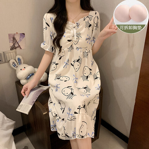 Mengdong summer day princess style mid-length nightgown for girls 2023 new cute bear pure cotton edge Japanese pajamas QS skirt #9871 (with breast pad) L recommended 100-120Jin Jin equals 0.5 kg to wear