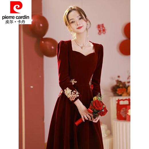 Pierre Cardin 23 New Toast Wear Bridal Red Wedding Winter High-end Velvet Engagement Dress Long Sleeve Autumn and Winter Women Burgundy L