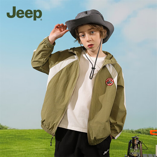 Jeep children's clothing children's sun protection clothing for boys and girls outdoor tops 2025 new style breathable and cool thin jacket for middle and large children, light military green 160 cm