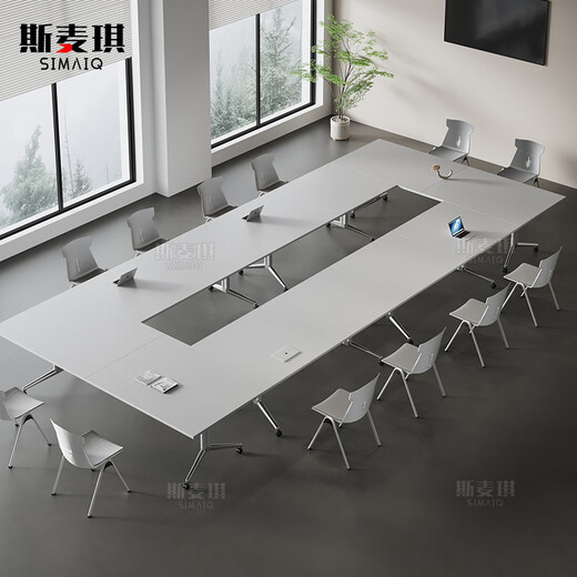 SMG movable folding conference table, long table, training table, telescopic splicing office table with wheels, extra large and detachable 1.6*0.8 meters (new oak color)