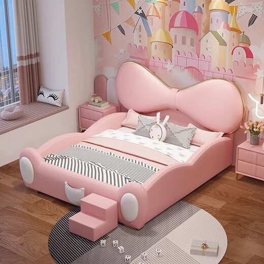 Congying children's bed pink bow princess bed girl's bedroom modern simple fence slide bed soft package single bed bed + bedside table *1 1.5*2 meters