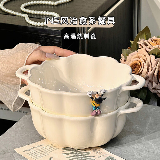 Qipai high-value bowl household ceramics rice bowl double ear soup bowl cream style dishes dish dishes bowl chopstick tableware underglaze color 12.5-inch fish plate 2 [1392] gold edge