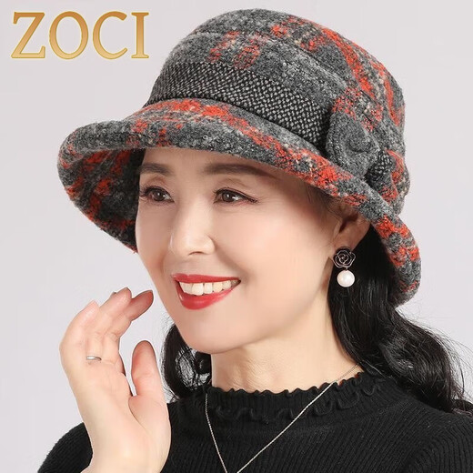 ZOCI middle-aged and elderly hats for women in autumn and winter mother's woolen hat thickened granny cloth basin hat spring and autumn casual fisherman hat woolen lining with velvet - gray adjustable 54-58cm