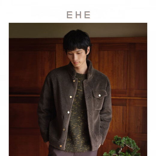 EHE Men's New Winter Sheep Wool Multi-Pocket Design Warm Fit Stand Collar Fur Jacket for Men, Olive Green, Size S