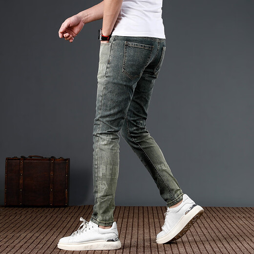 
Mingshisha 2024 new trendy printed contrasting jeans for men's thin stretch slim feet slim casual pants trendy brand DQ-826 trousers 28 [waist circumference 2 feet 1]