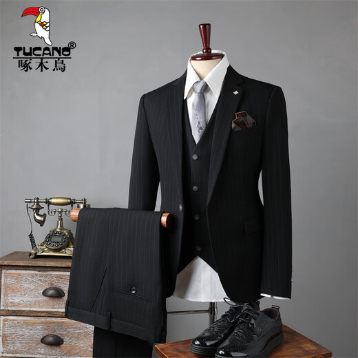 Woodpecker (TUCANO) New Wedding Suit Men's Groomsmen's Suit Business Formal Wear Korean Slim Striped Groom's Suit Jacket Men's Black Stripe (Suit+Trousers) XL 52 (125-135Jin Jin equals 0.5kg)