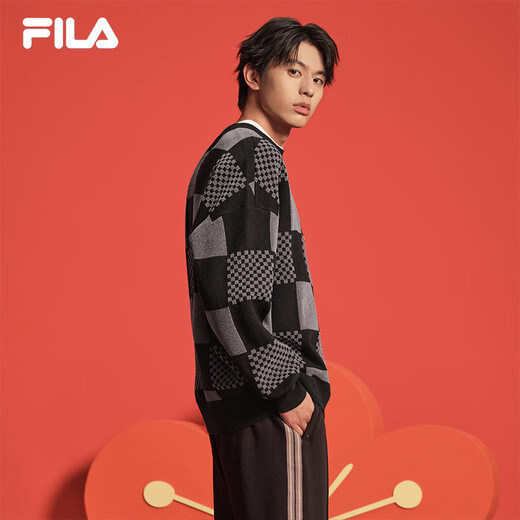 FILA official couple knitted sweater 2025 spring fashion casual loose plaid pullover sweater